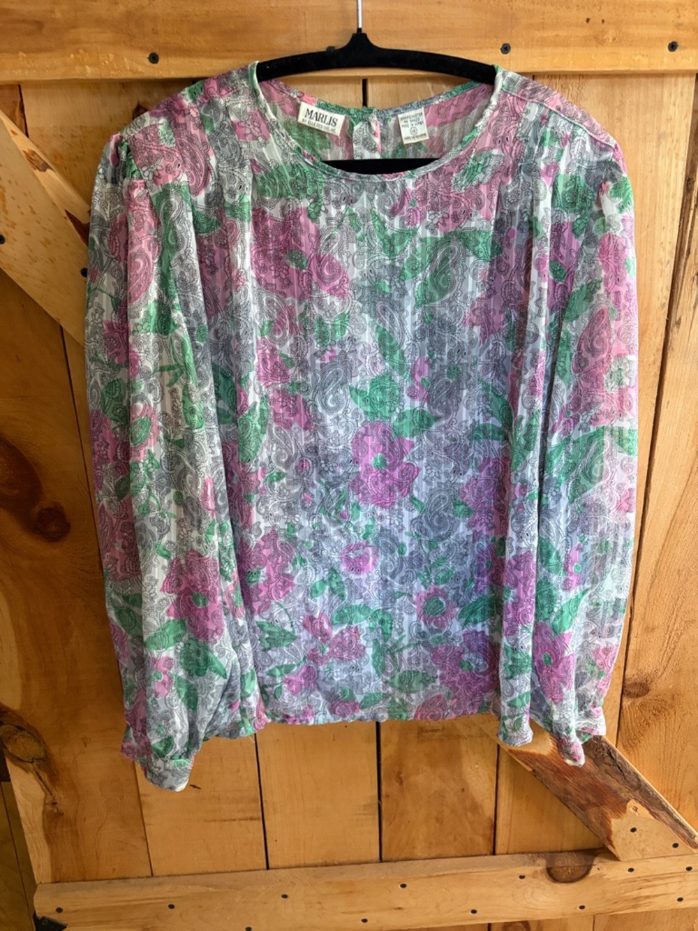 Women’s Floral Long-Sleeve Blouse in Pink & Green, full button down back. 16